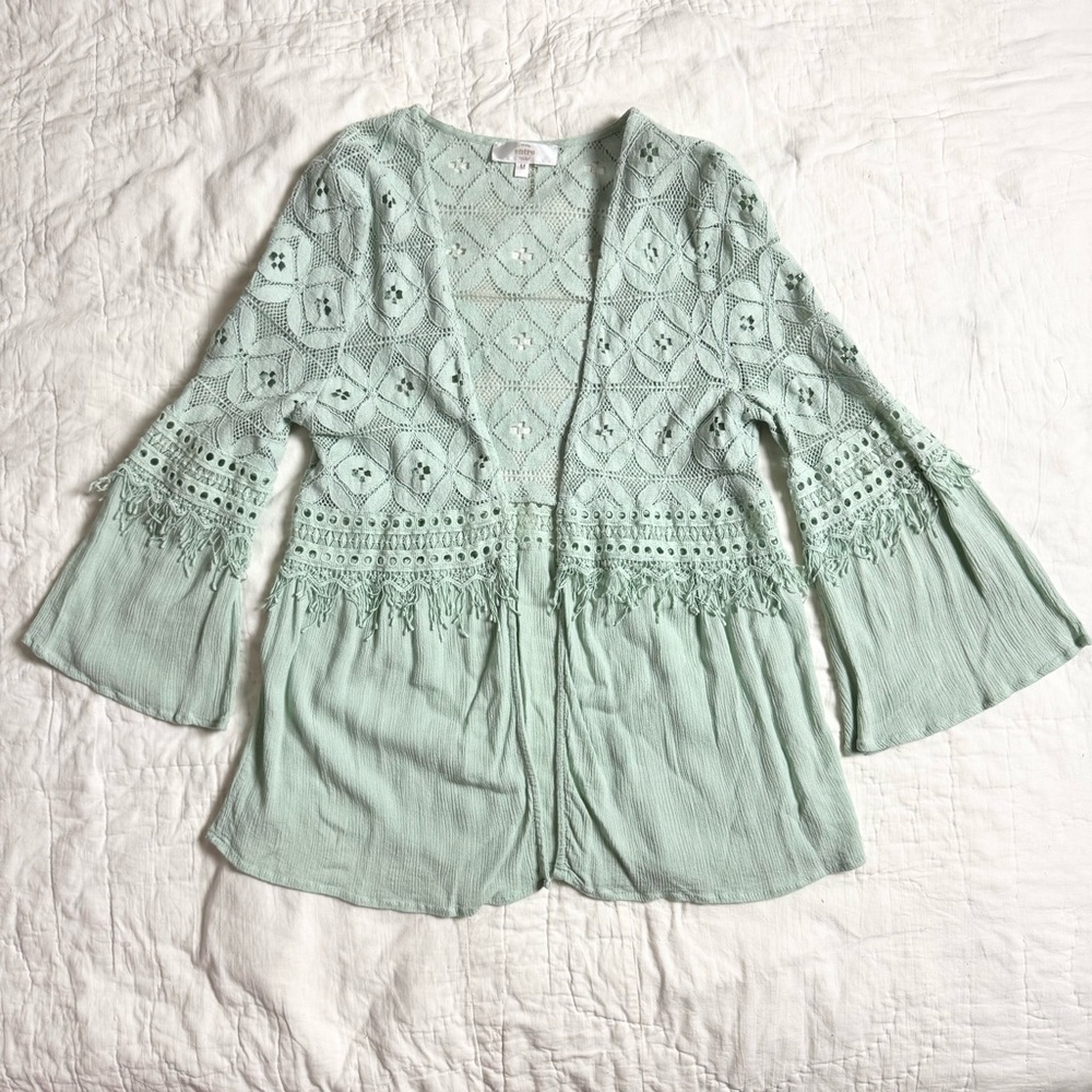 Entro Cardigan Kimono Lace Fringe Boho Cottagecore Office Festival Bell Sleeve M